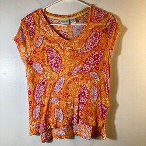 Womens Rachel Zoe Linen V Neck Tee Shirt Floral Leaves‎ Cap Sleeve Orange Red M